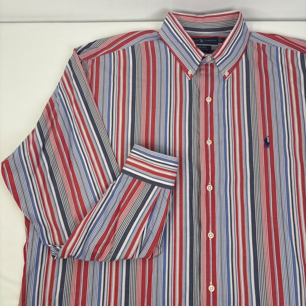 Ralph Lauren Men's Blake Red Blue White Striped Button Down Cotton Shirt Size L
